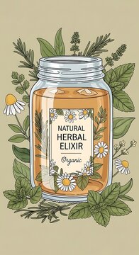 Natural herbal elixir bottle with fresh herbs and leaves.