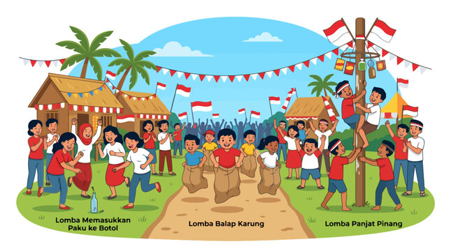 Cartoon illustration of Indonesian children playing traditional games for Independence Day celebration. EPS Editable. Vector Illustrations.