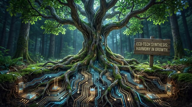 A majestic tree with roots integrated into a glowing digital circuit board in a lush forest.