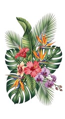Fototapeta premium Tropical floral arrangement with exotic leaves.