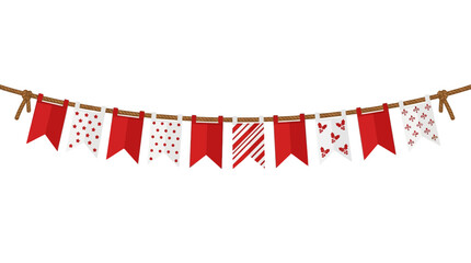 Obraz premium Festive red and white patterned bunting garland hanging on a rope. EPS Editable. Vector Illustrations.
