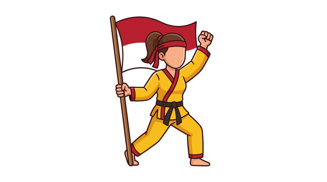 Female martial artist holding Indonesian flag cartoon illustration. EPS Editable. Vector Illustrations.