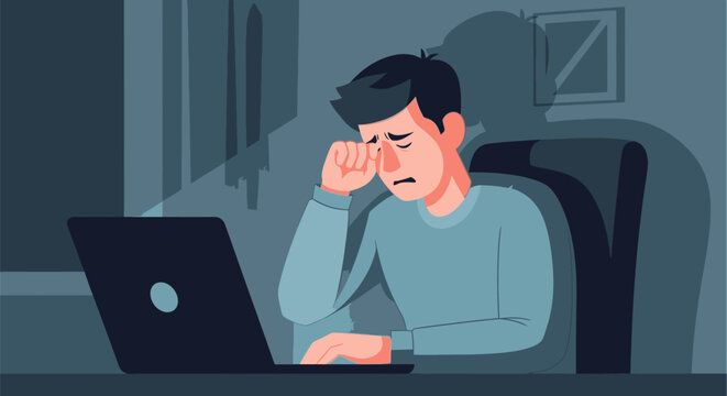 A stressed man sits alone at a desk in a dimly lit room using a laptop computer