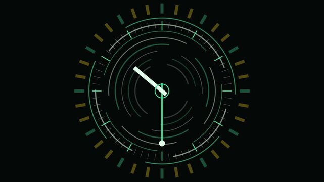 Digital hud clock interface with rotating circular scan animation for tech and data visualization timer