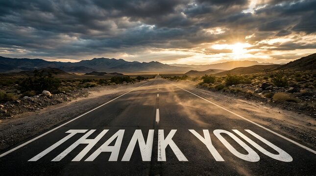 Thank you message painted on a long desert highway at sunset symbolizing customer appreciation and the end of a successful business journey