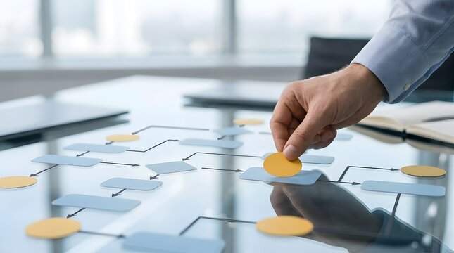 Corporate Strategy Execution: Business executive interacting with a transparent workflow process diagram on modern glass desk
