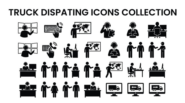 A collection of black and white icons depicting truck dispatching and logistics operations.