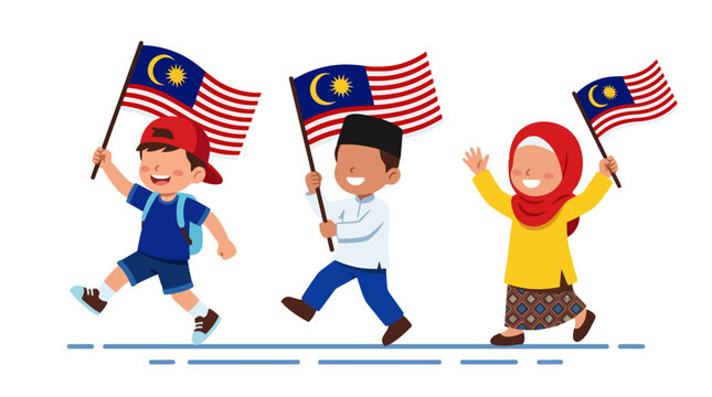 Happy Malaysian children holding national flags celebrating independence day vector illustration. EPS Editable. Vector Illustrations.