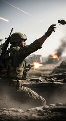 Fototapeta premium Soldier throwing hand grenade during intense gunfight on battlefield. Man in military uniform fighting in combat zone. Weapon and ammunition. Modern warfare, army defense and survival concept.