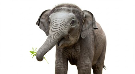 Fototapeta premium Adorable elephant calf happily eating fresh green leaves brightly lit against a clean white background. AI Generated