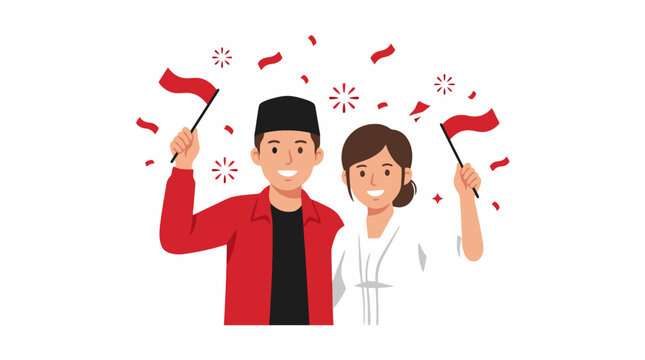 Indonesian couple celebrating independence day holding national flags vector illustration 1. EPS Editable. Vector Illustrations.