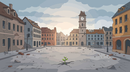European Town Square After War Illustration © Elsandro