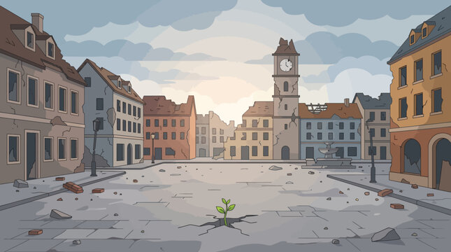 European Town Square After War Illustration