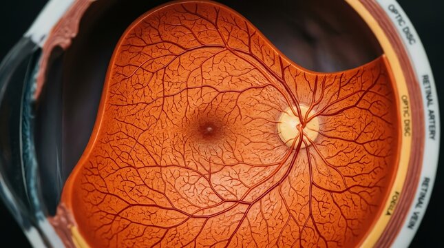 Close-up of Human Retina with Blood Vessels and Optic Disc.