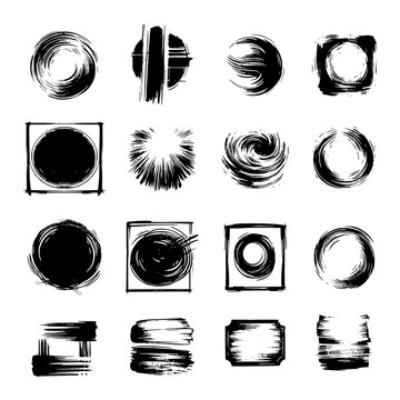 Set of abstract black grunge shapes. Vector textured circles, squares and spirals drawn with a dry brush