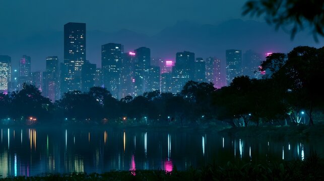 A vibrant urban skyline featuring glowing neon lights set against a peaceful natural backdrop creating a tranquil and inviting atmosphere