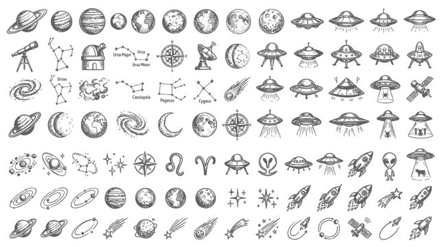 Hand-Drawn Space Icons: Planets, UFOs, Rockets, Constellations, Stars, Aliens