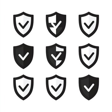 Black shield icon collection check mark security protection approval monochrome icon set isolated