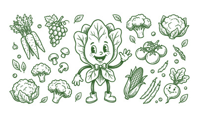 Vector rubber hose doodle set of a spinach mascot with fresh vegetables and gardening elements in green line art. © Avartde