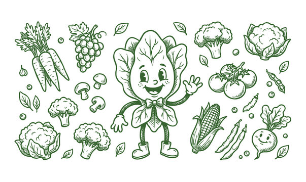 Vector rubber hose doodle set of a spinach mascot with fresh vegetables and gardening elements in green line art.