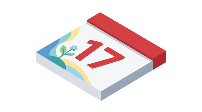 Isometric calendar page showing number seventeen with plant illustration. EPS Editable. Vector Illustrations.