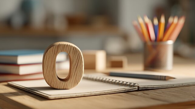 Wooden letter O block on study desk with notebook and pencils, minimal education workspace concept and commercial stock photo style.