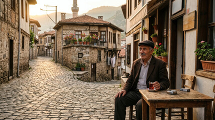 Obraz premium Elderly man sitting at a wooden table in a historic village street, drinking traditional tea.