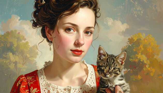 Elegant woman holding a tabby kitten in classical painting style
