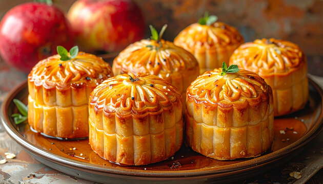 Golden brown traditional mooncakes on plate with apples background