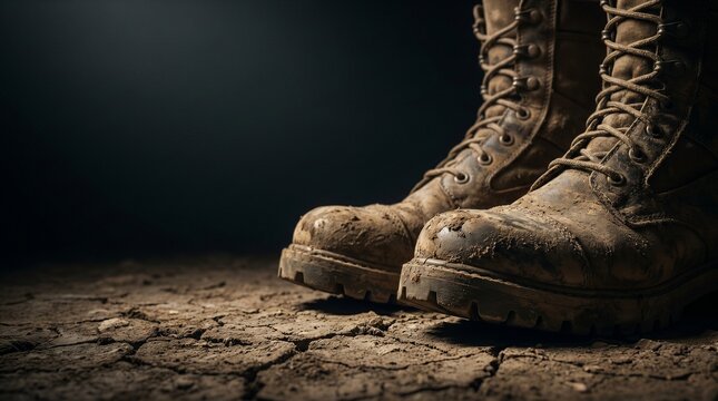 Close-up of dirty muddy combat military boots standing on dry cracked earth ground against dark background, representing war conflict, soldier mission journey, army training durability