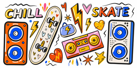 Skateboarding And Music Elements Colorful Vector Illustration © Bibhas