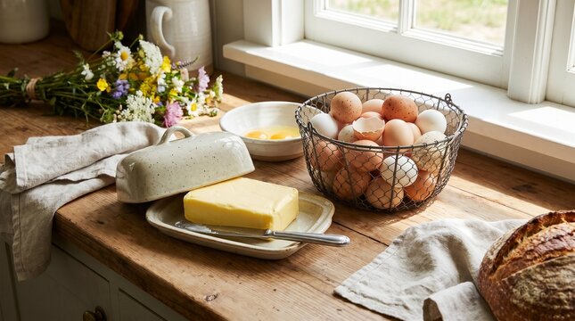 Rustic kitchen countertop scene with a block of fresh butter in a ceramic dish, a wire basket filled with farm eggs, raw egg yolks in a bowl, homemade bread