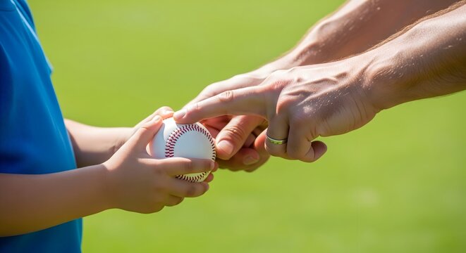 Father coaching his son on how to hold a baseball on a green field