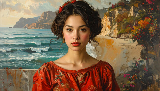 Artistic Portrait of Woman in Red Dress with Painted Coast Background