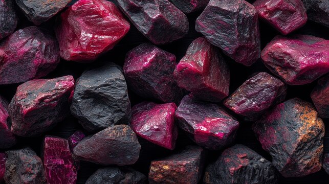 Background of raw ruby stones, rough uncut corundum pieces