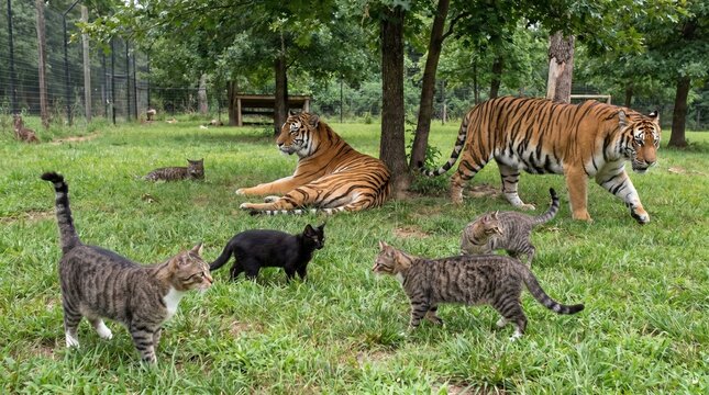 Creative conceptual illustration of a group of domestic cats walking on green grass together with two big tigers in a sanctuary paddock, representing feline family comparison, big cat vs small cat