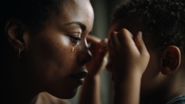 Black mother softly wiping tears from her child's face, close intimate moment
