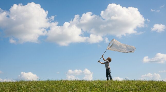 Little boy standing on a grassy hill holding up a butterfly net catching clouds against a bright blue sky, representing childhood dream, imagination, freedom, playfulness, and outdoor nature