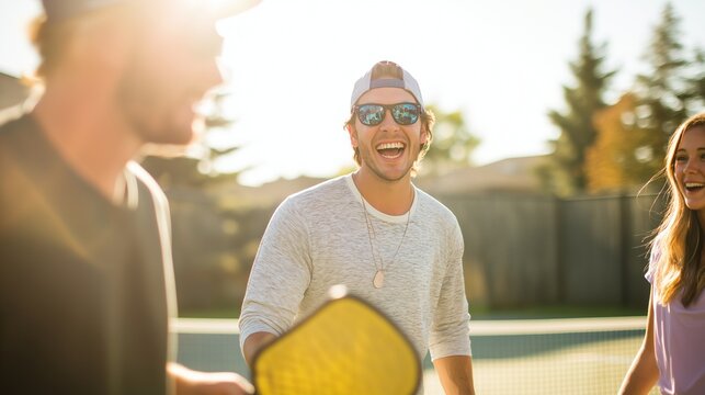 Young friends playing pickleball outdoors, candid laughter, bright day