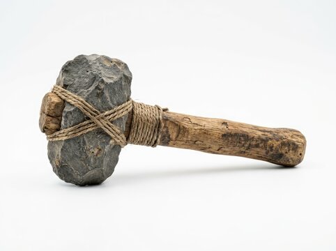 An ancient stone axe with a wooden handle, tied together with rope, representing prehistoric tools