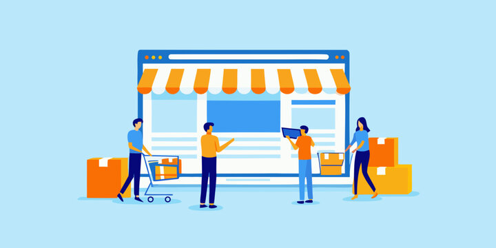 Online storefront illustration with people and shipping boxes vector graphic