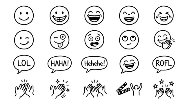 Doodle Emojis and Laughter Icons: Joyful Expressions, Funny Faces, Applause, and LOL Symbols