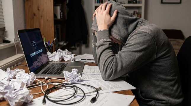 Frustrated man holding head in hands at messy desk looking at laptop screen displaying connection failed error, representing internet disruption, work stress, technical problem, and burnout concept