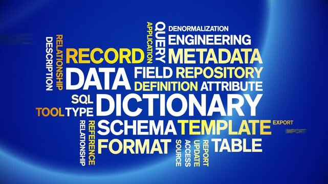 Data Dictionary animated word cloud-text design animation tag kinetic typography seamless loop.