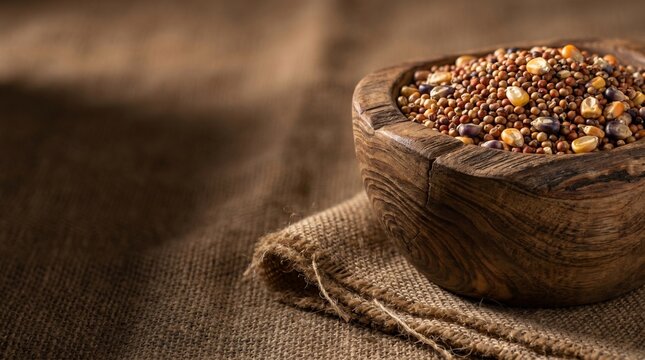 Mixed whole grains sorghum and corn seeds in rustic wooden bowl on burlap sack fabric background, representing agriculture harvest, natural bird seed, organic crop, and healthy food concept