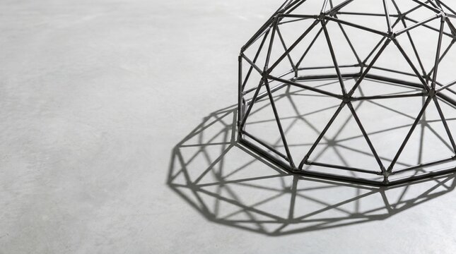 Geometric metal geodesic dome structure casting sharp shadow on modern grey concrete floor, representing architectural design, engineering network, future technology, and minimalist aesthetic concept