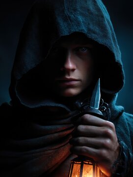 A shadowy figure in a hooded cloak