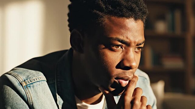 A thoughtful young man rests his hand on his face