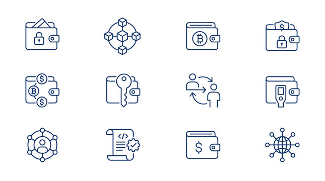 Cryptocurrency wallet and digital payment outline icons.