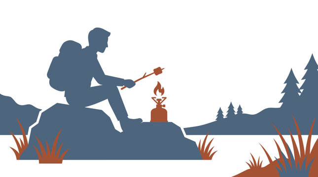 Silhouette of hiker roasting marshmallow over portable camping stove
